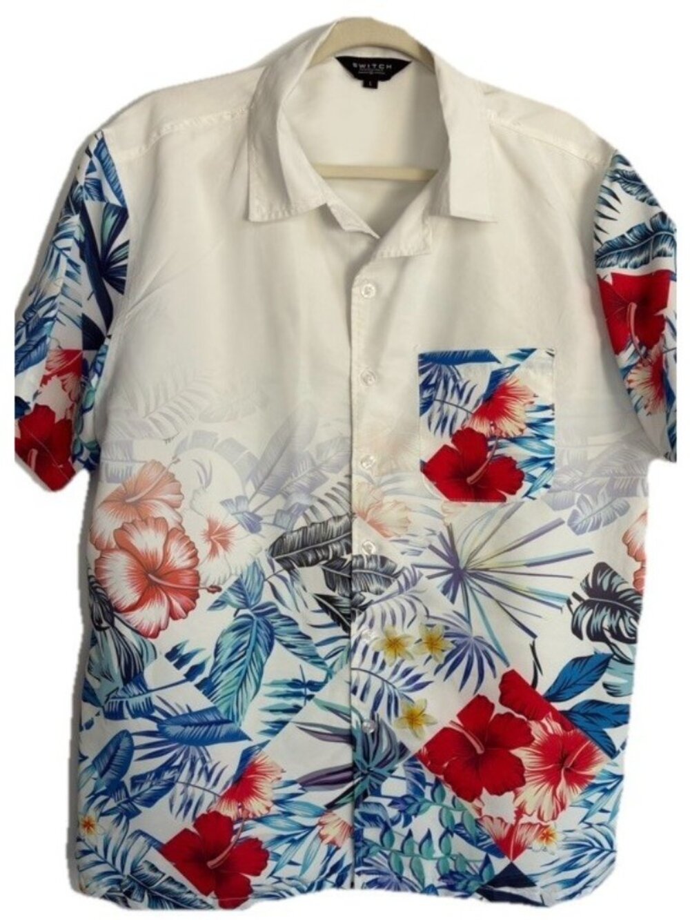 Switch Remarkable Mens Hawaiian Button Down Shirt Size L Floral Tropical Graphic